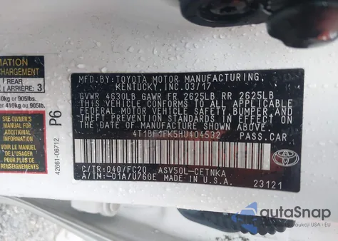 2017 Toyota Camry Le из США, поврежденный, VIN 4T1BF1FK5HU404532